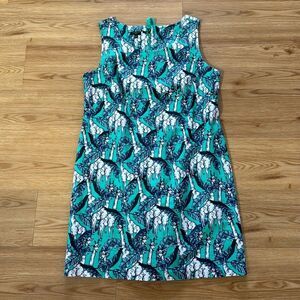 Talbots Dress Womens 14 Petite Green Giraffe Sheath Sleeveless Classic Casual